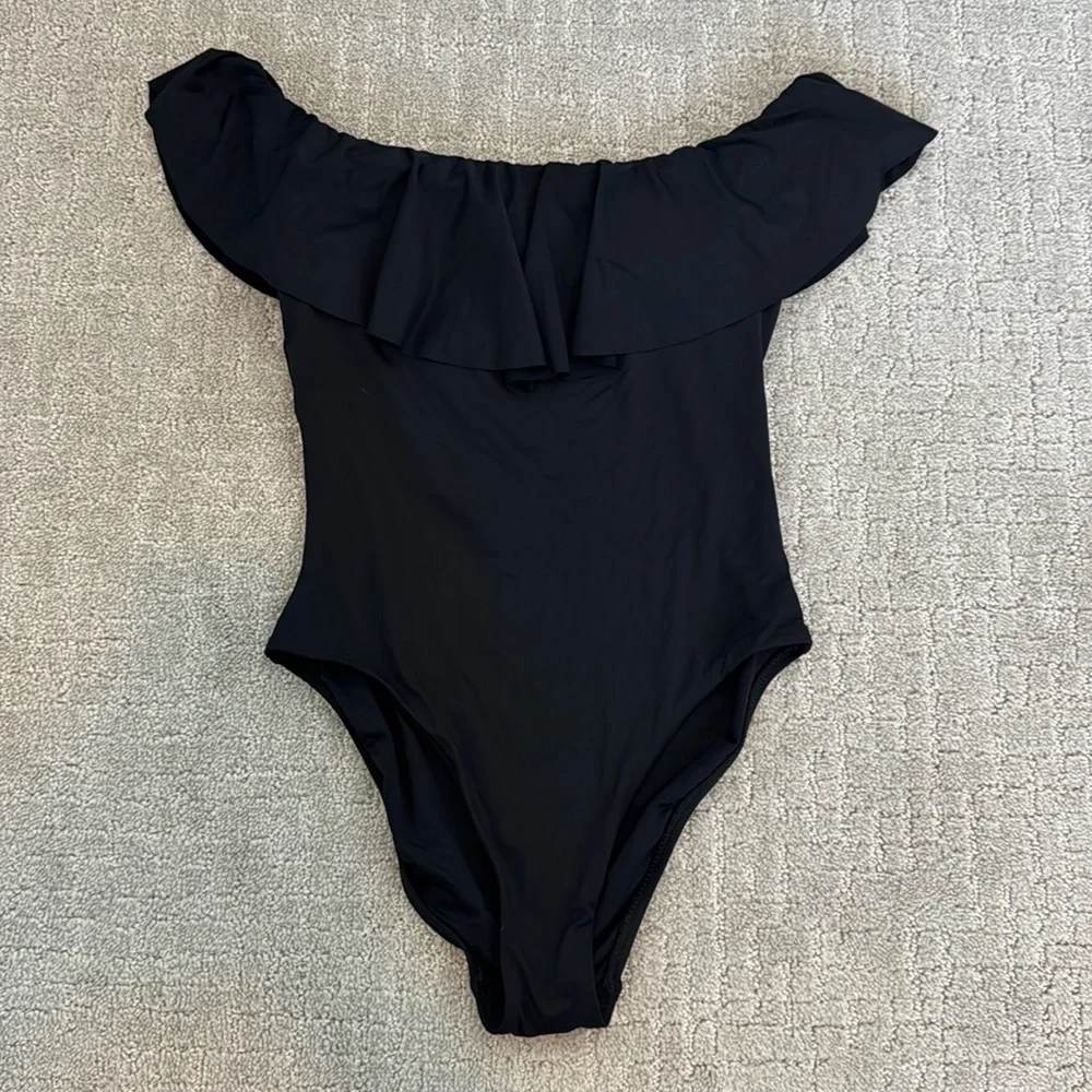 NEW NWT Trina Turk Black off shoulder ruffle one piece swimsuit modest